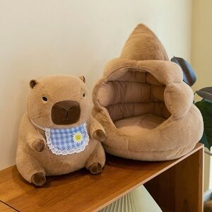Cute Brown Plush Capybara and Cozy Bed Set